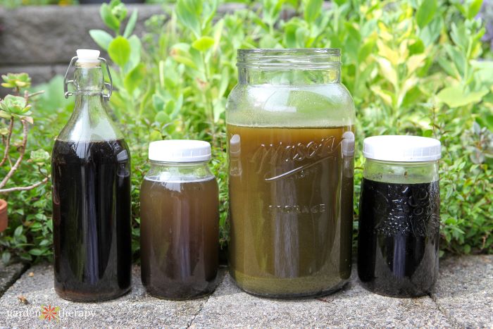 four jars of fertilizers in a row out in the garden