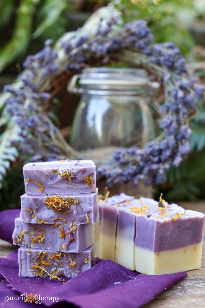layered purple and yellow soap with calendula petals