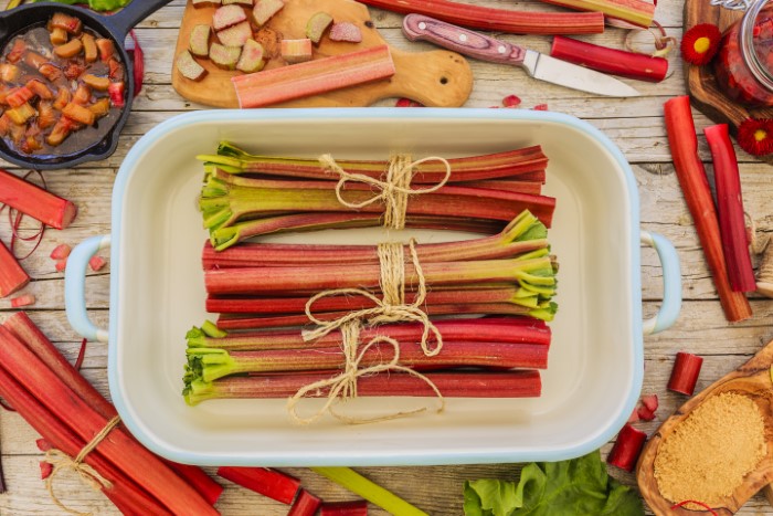 rhubarb bundles in a baking dish