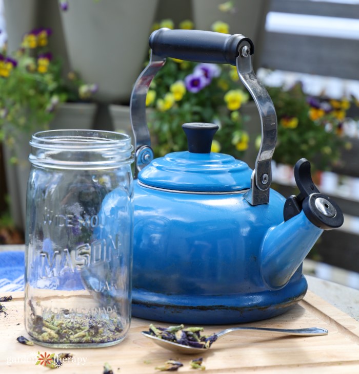 a blue tea pot and mason jar with dried butterfly pea flowers