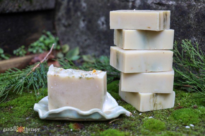 cedarwood and lime soap stacked together 