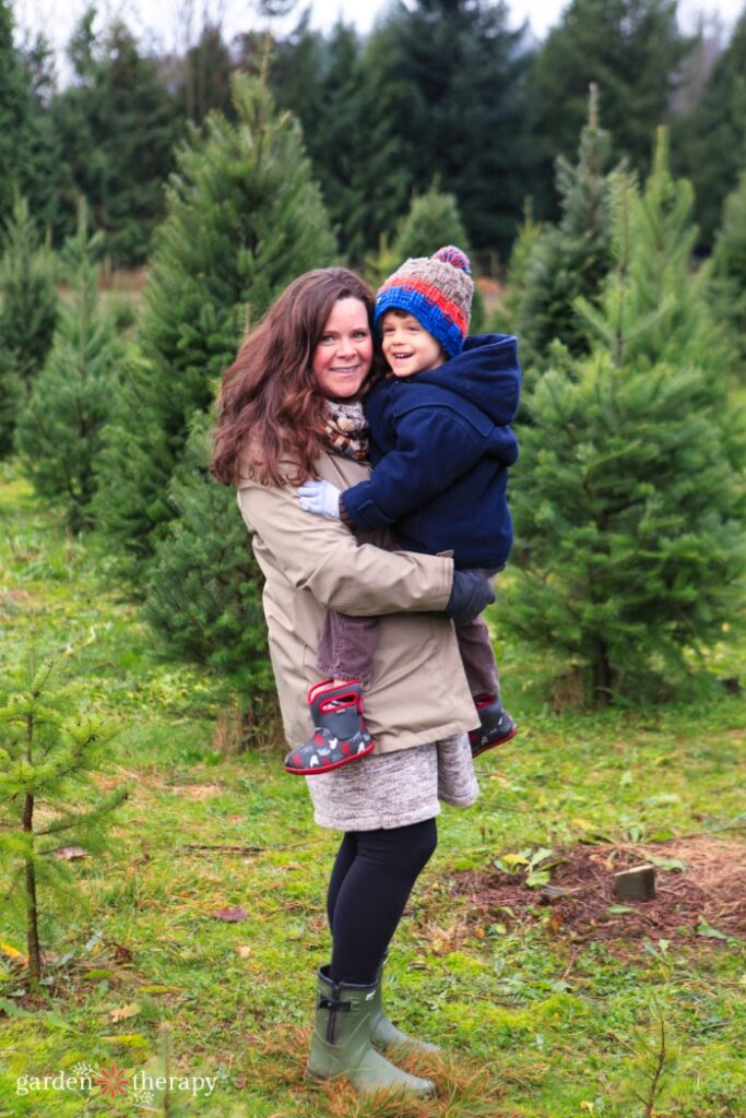 Stephanie and kiddo at Christmas tree farm