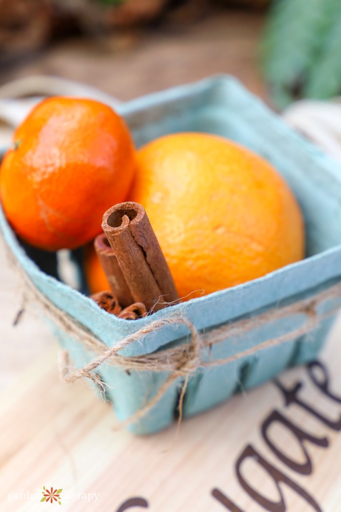 cinnamon sticks and oranges in cardboard produce basket