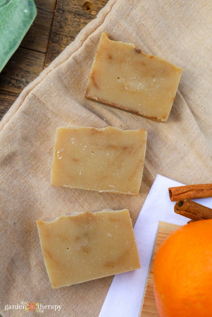 cinnamon soap on beige linen