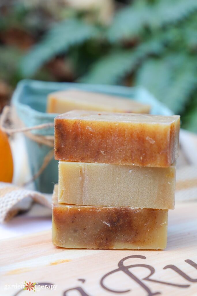 stack of three  bars of Christmas soap