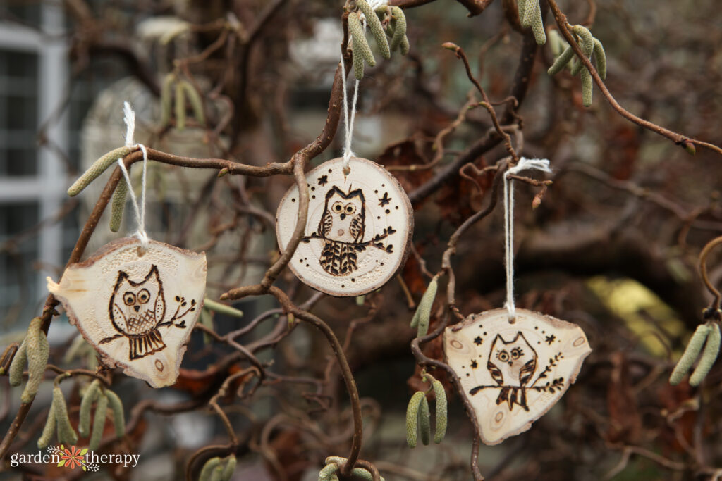 DIY ornaments made from wood slices that have wood burned owls on them