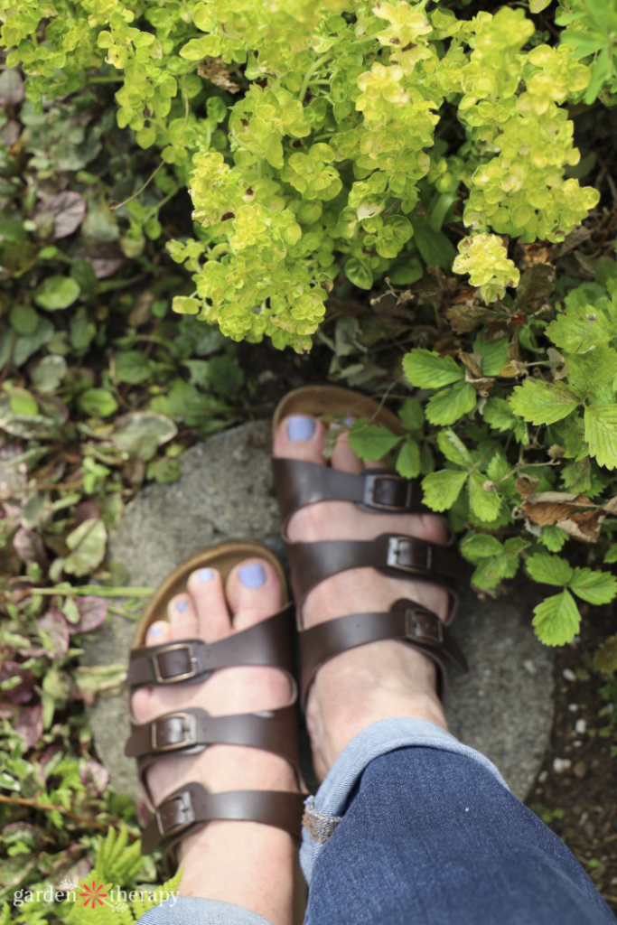 feet on concrete stepping stone