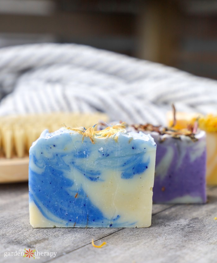 basil soap in blue, purple, and yellow