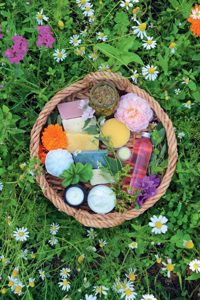 Items made with herbs from Tanya's garden: soap, salve, creams