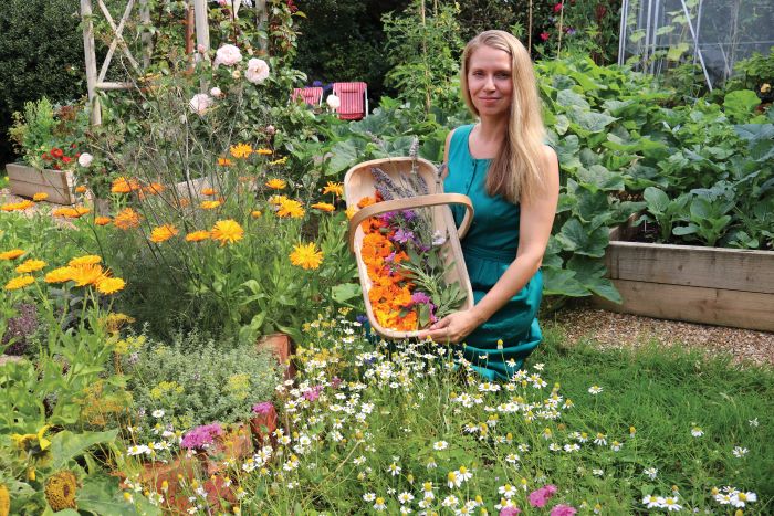 Gathering flowers and herbs in a basket