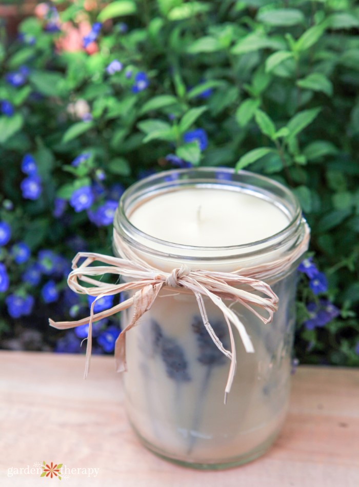 homemade candle with pressed lavender