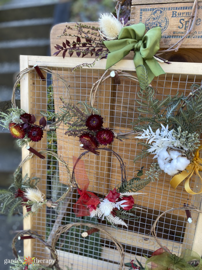 mini wreaths at flower stand