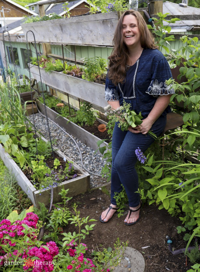 happy Stephanie in the vegetable garden