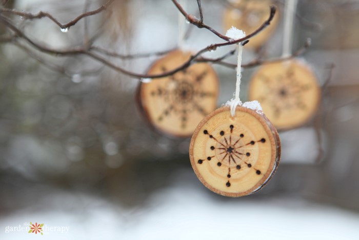 wood burned ornaments with snowflake design