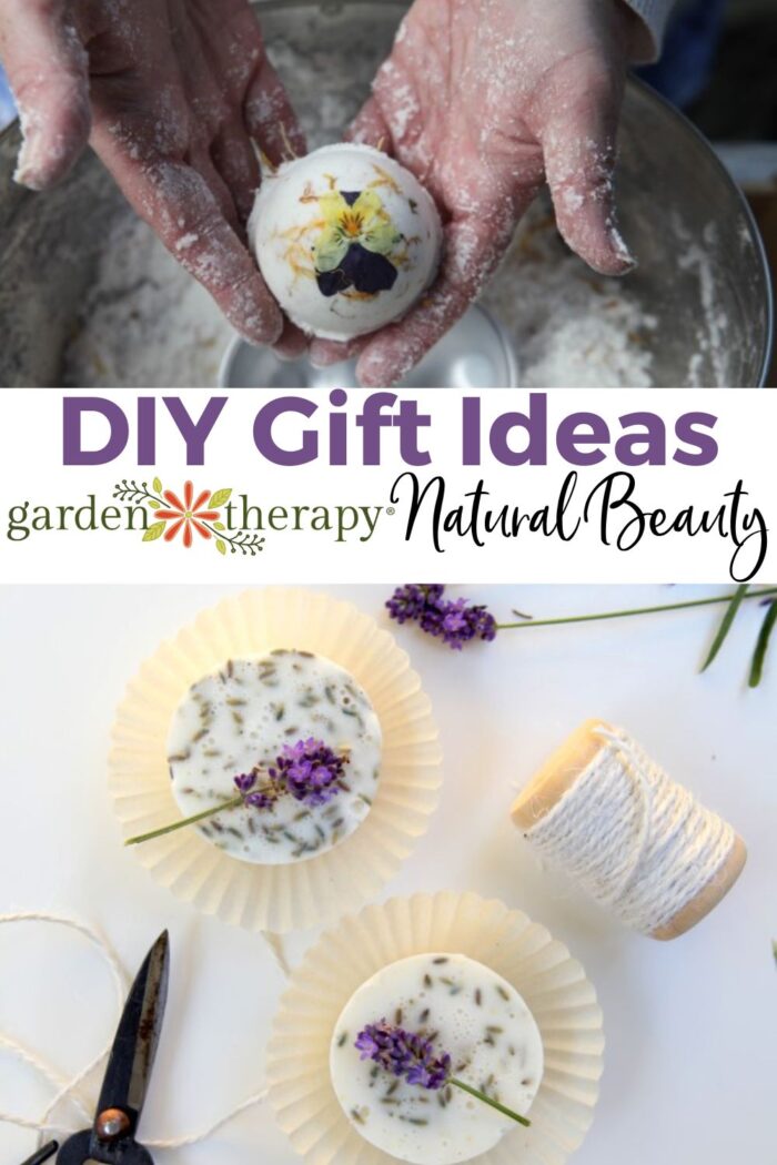 Homemade lavender soap cupcakes and a DIY floral bath bomb held in hands