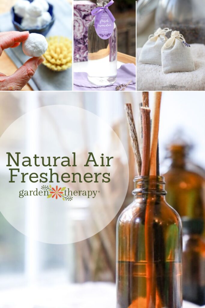 Pin image for 12 natural air fresheners including DIY reed diffusers, lavender satchets, cleaning bombs, and fresh lavender air freshener.