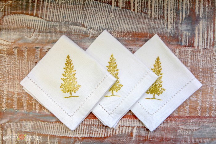 Christmas tree stamped on fabric napkins