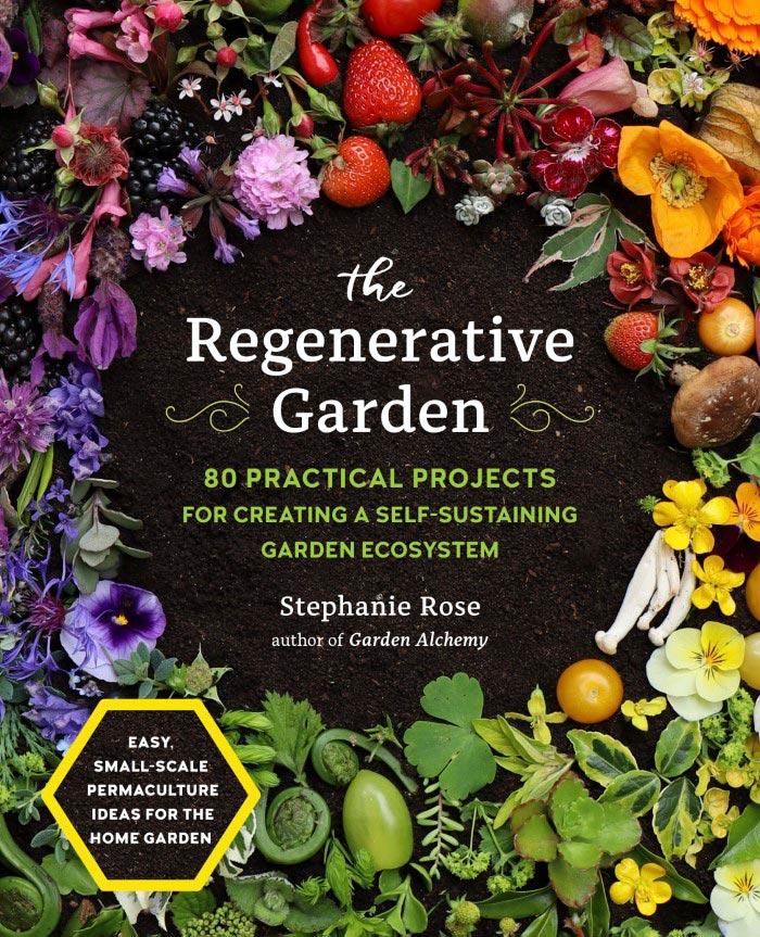 The Regenerative Garden book cover with a rainbow of plants and dark soil in the center