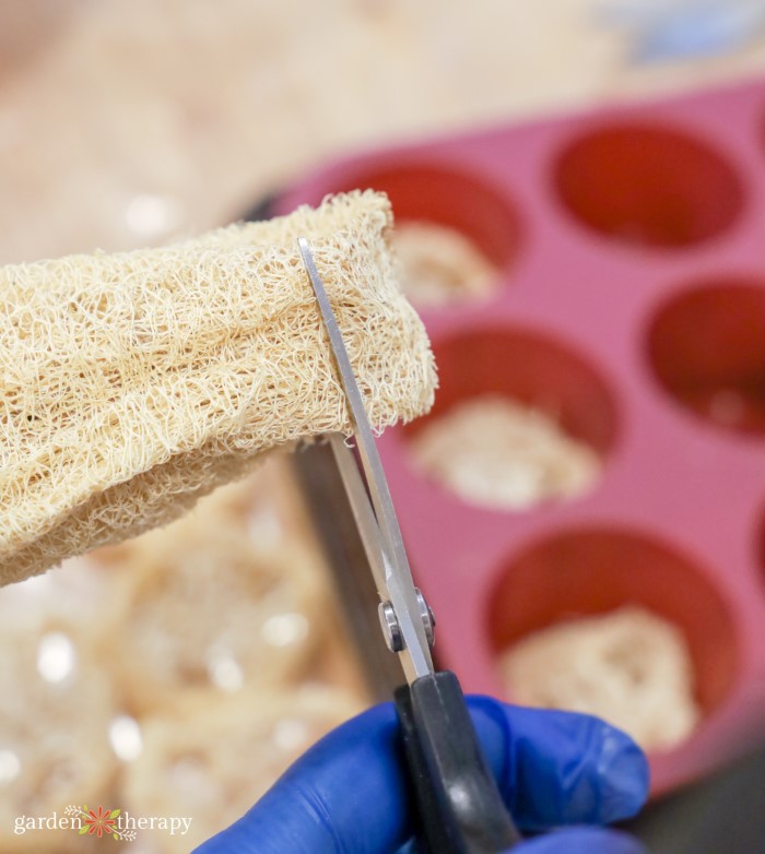 cutting loofah slices with scissors