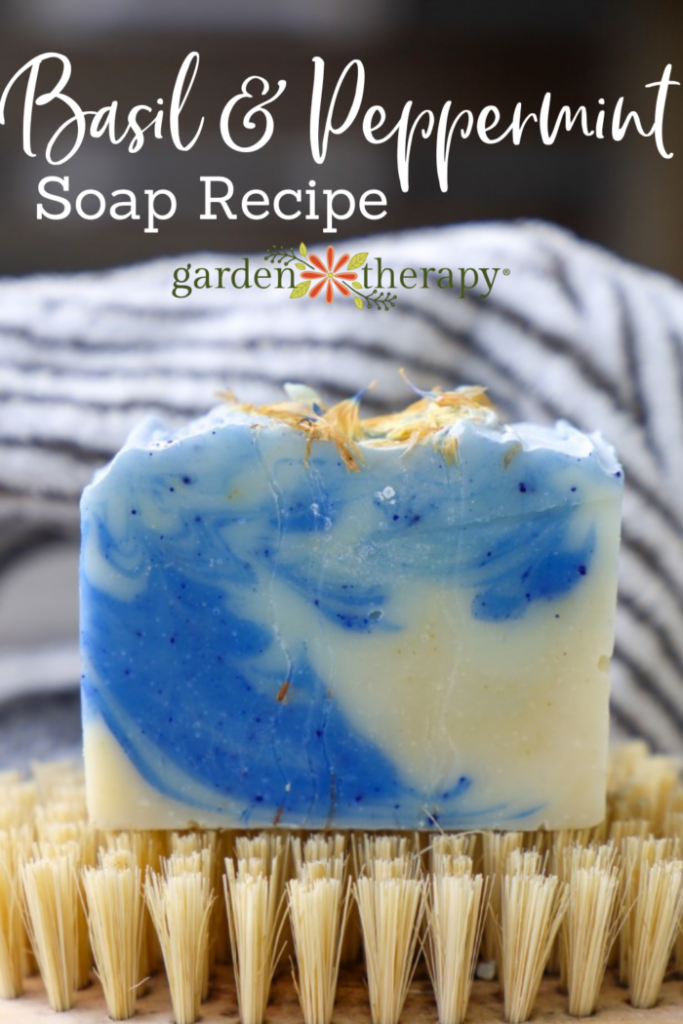 Pin image for a handmade basil and peppermint soap recipe