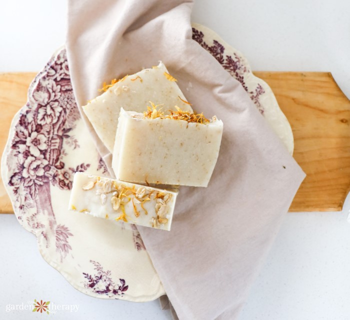 oatmeal soap bars on napkin and plate