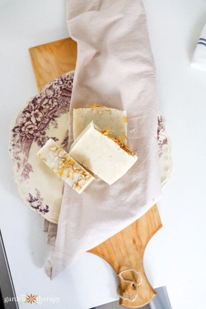 oatmeal soap bars on napkin and plate