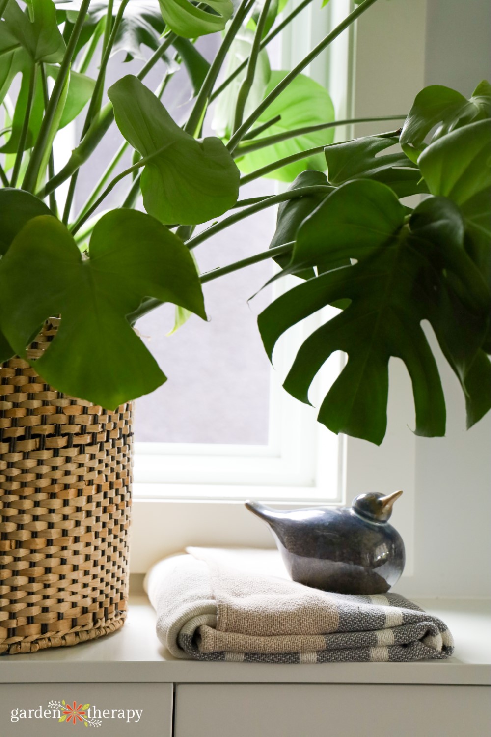 monstera in window next to a bird statue sitting on top of a folded piece of linen
