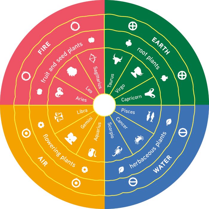 the 12 zodiac signs for planting divided into the four elements: air, water, fire, and earth.