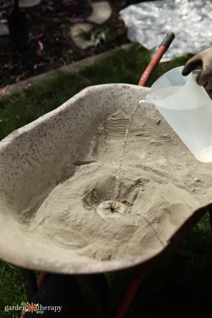 Rhubarb leaf bird bath step 1 mixing concrete