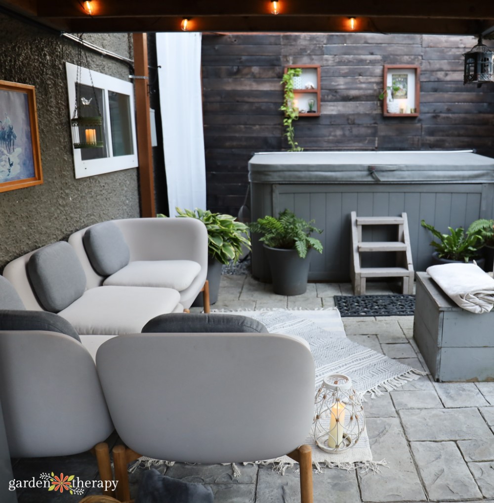 decorating patio with lights and sofa