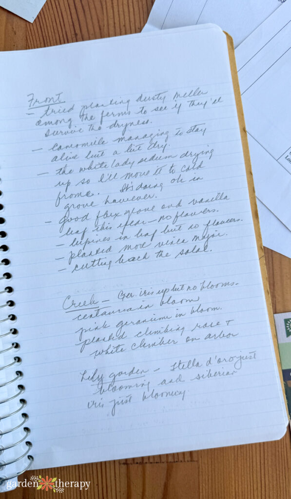 handwritten notes in garden journal