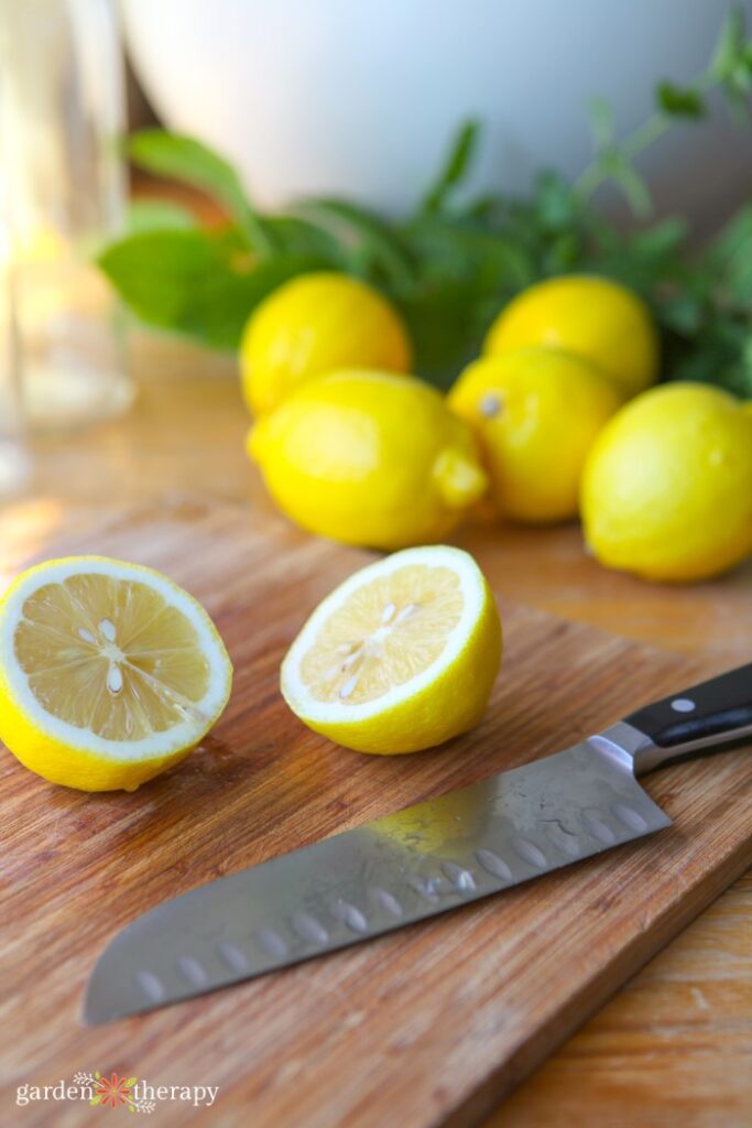 cutting lemons on wooden cutting board