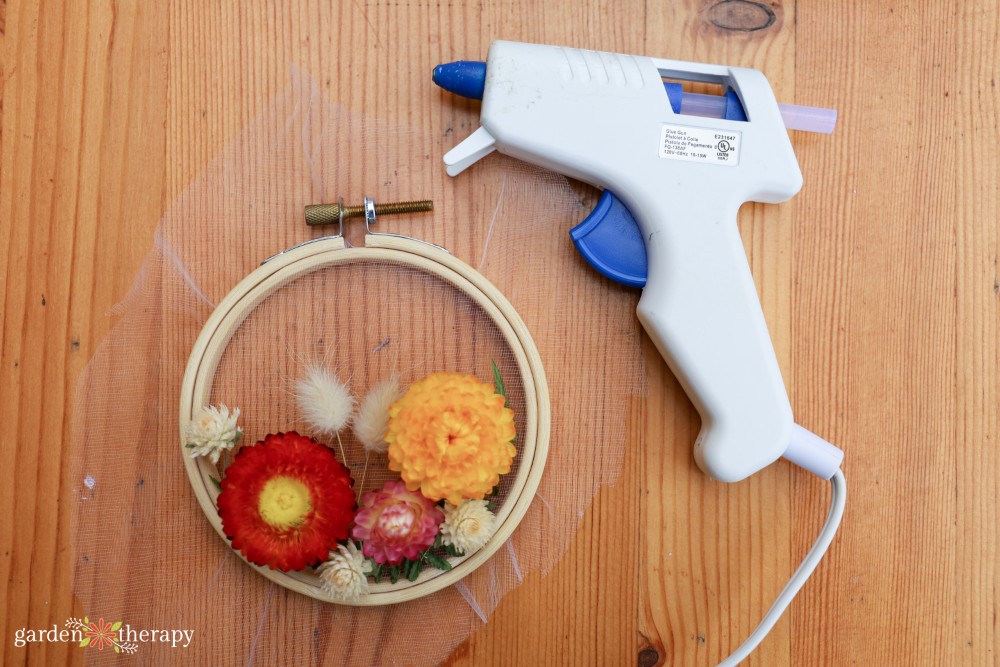 dried flower embroidery with hot glue gun