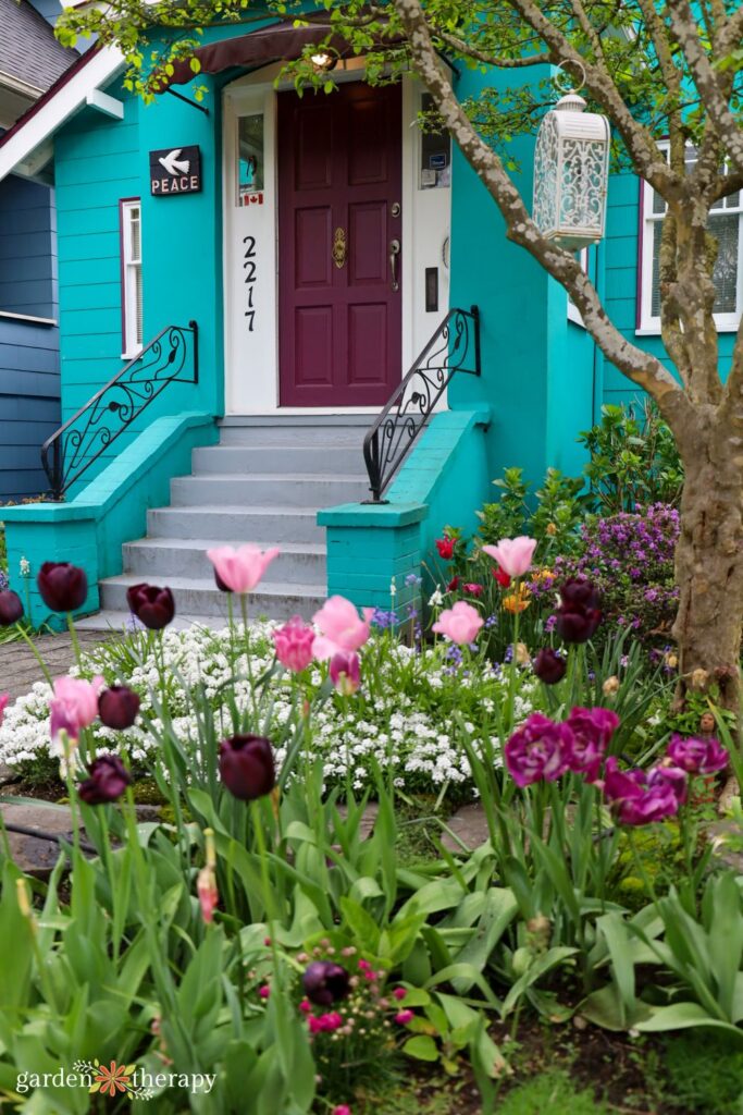 teal house with tulips in the front garden