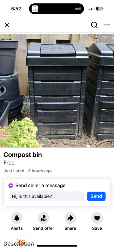 Facebook Maretplace Listing for a free compost bin