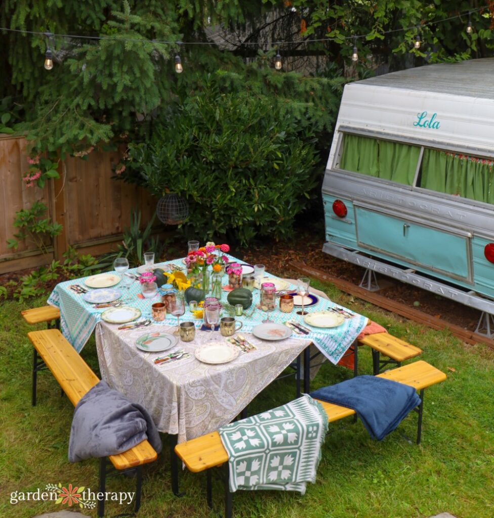 outdoor dining table set up in backyard