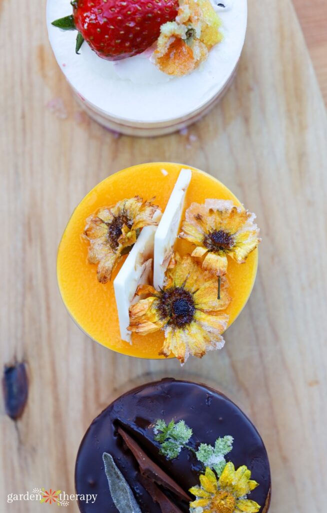 candied flowers on mini cake